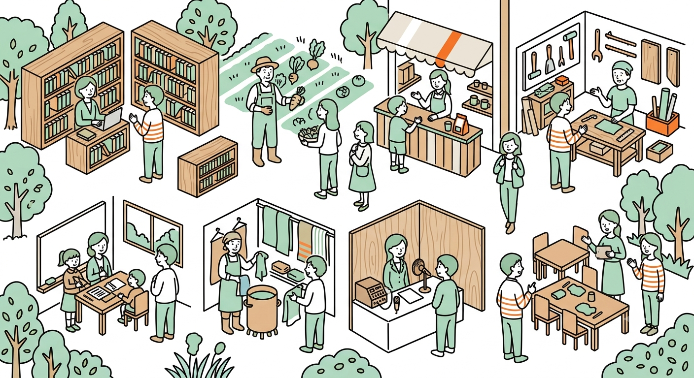 面白い大人のところへ会いに行く体験のイラスト
