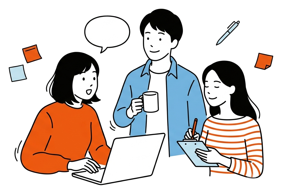 机を囲んで話す3人のイラスト